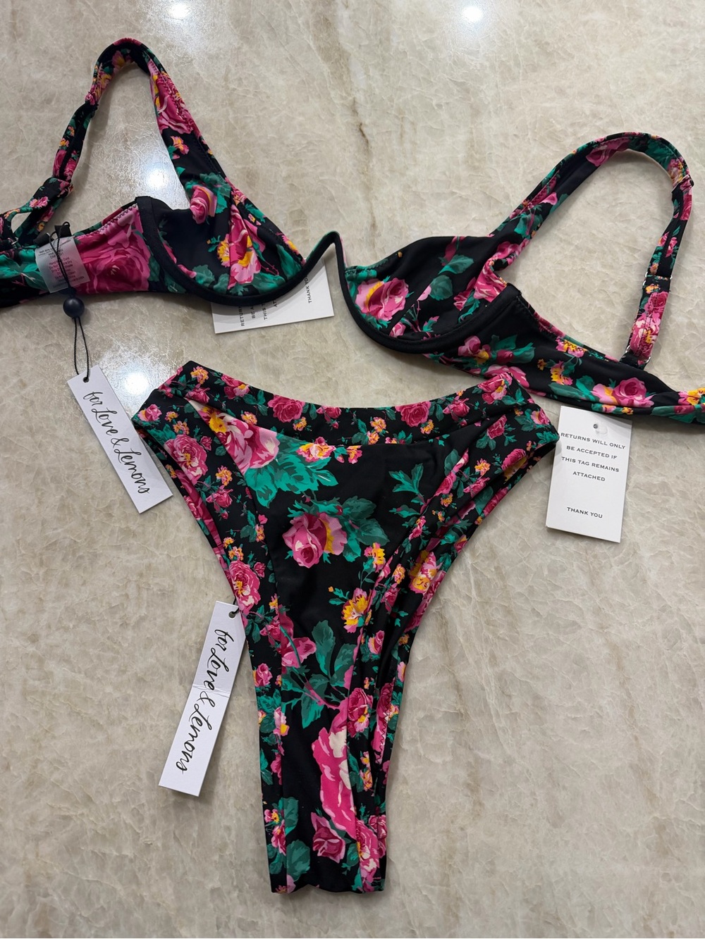 For Love & Lemons Black Floral Bikini Set with Pink and Green Accents